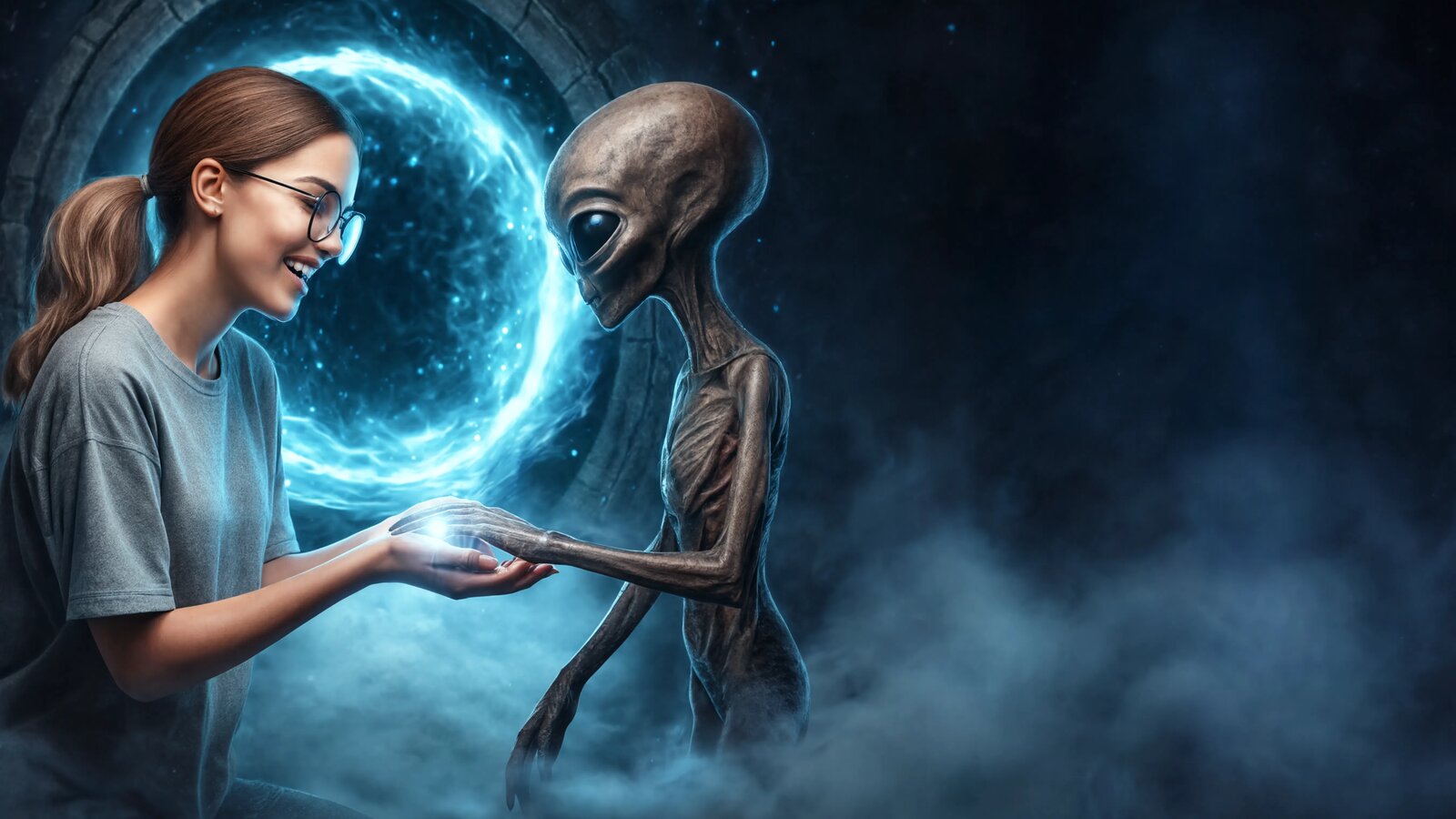 A person and a visitor reaching toward one another through light