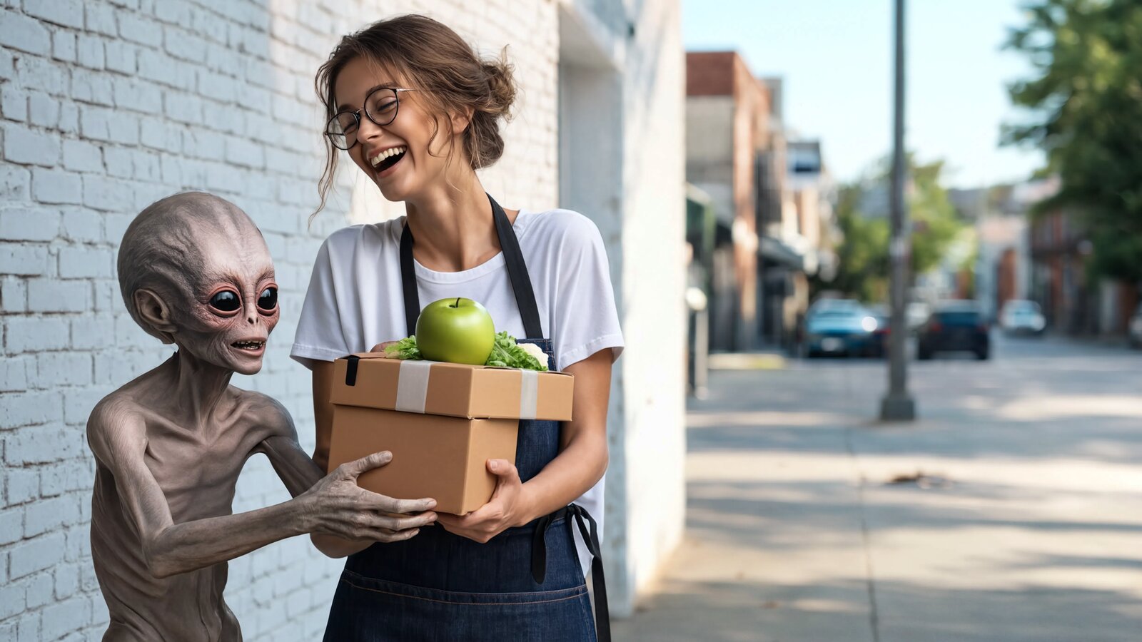 A person handing a box of supplies to a visitor